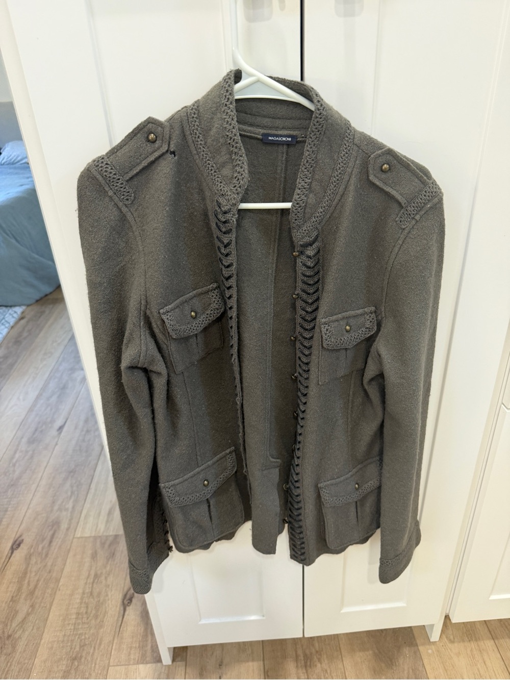 Magaschoni Olive Utility Knit Jacket with Braided Trim